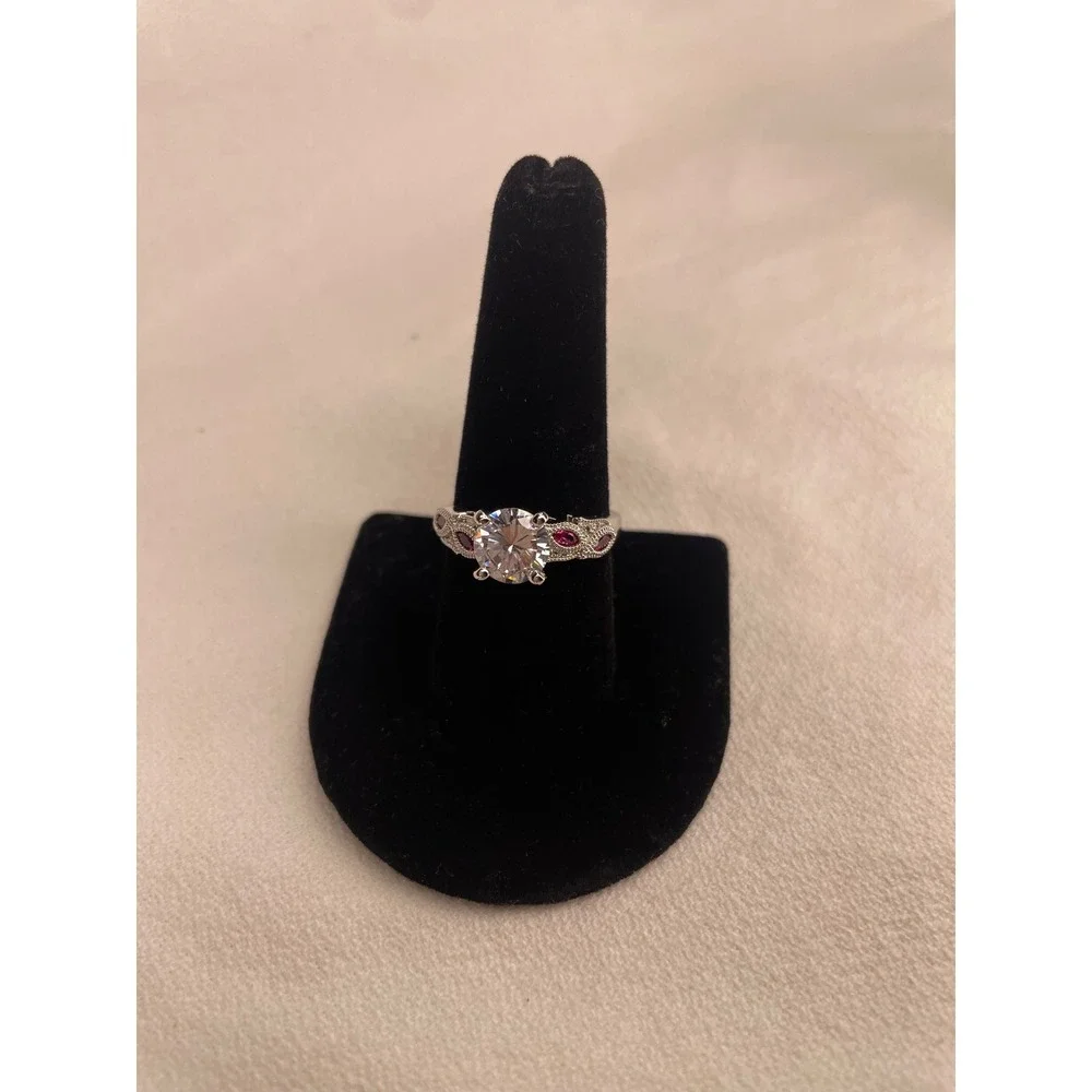 Vintage Style Round Cut CZ Ruby Red Accent Silver Tone Filigree Ring Size 9